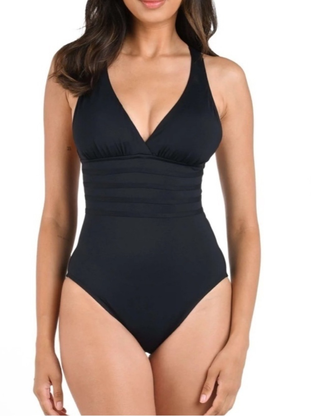 La Blanca Island Goddess Multi Strap Cross Back One Piece Black 8 NWT